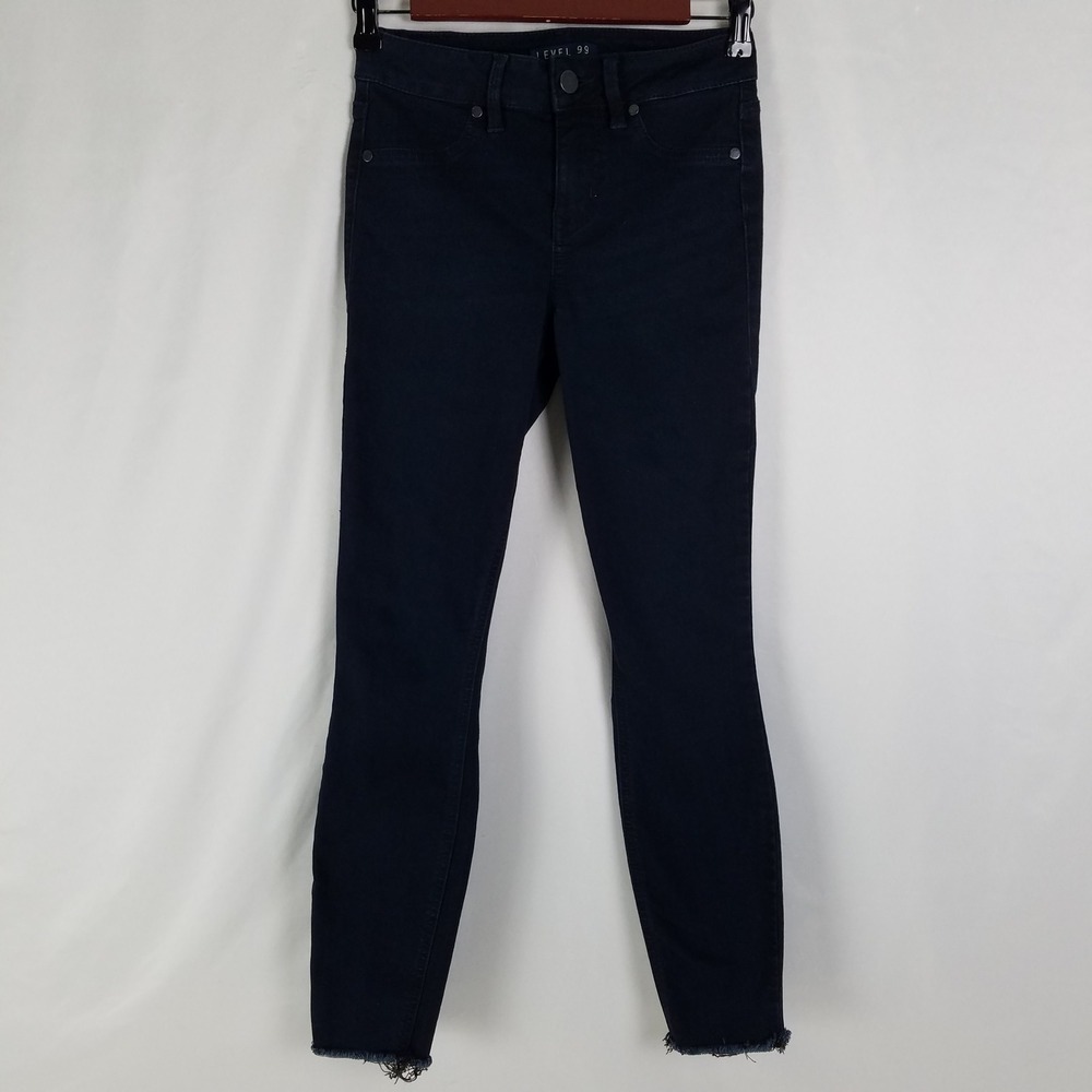Level 99 Womens Dark Navy Skinny Jeans Frayed Raw Hem Ankle Crop Size 25 Jegging